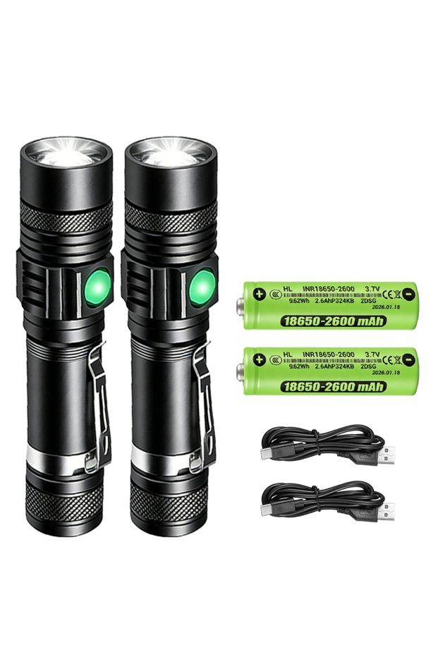ZOOM 2PCS-18650 Battery T6 LED Rechargeable Flashlight,18650 Zoomable Torch, Cap Clamp & Headlamp &