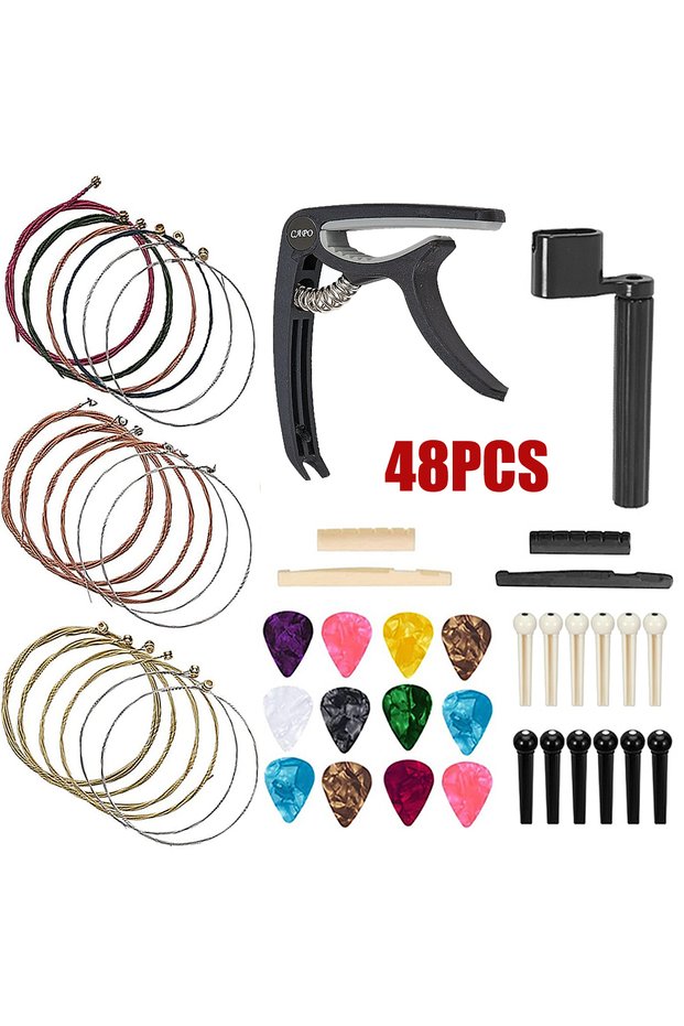 48 Pcs 48Pcs Guitar Accessories Kit for Beginners - Capo,Strings,Picks,Winder,Bridge Pins & Saddles,