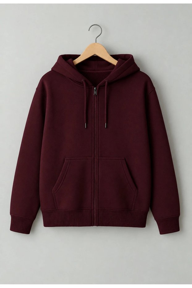 Unisex Fleece Lined Winter Non-Pilling Zipper Pocket Hooded Plain Hoodie Jacket Burgundy