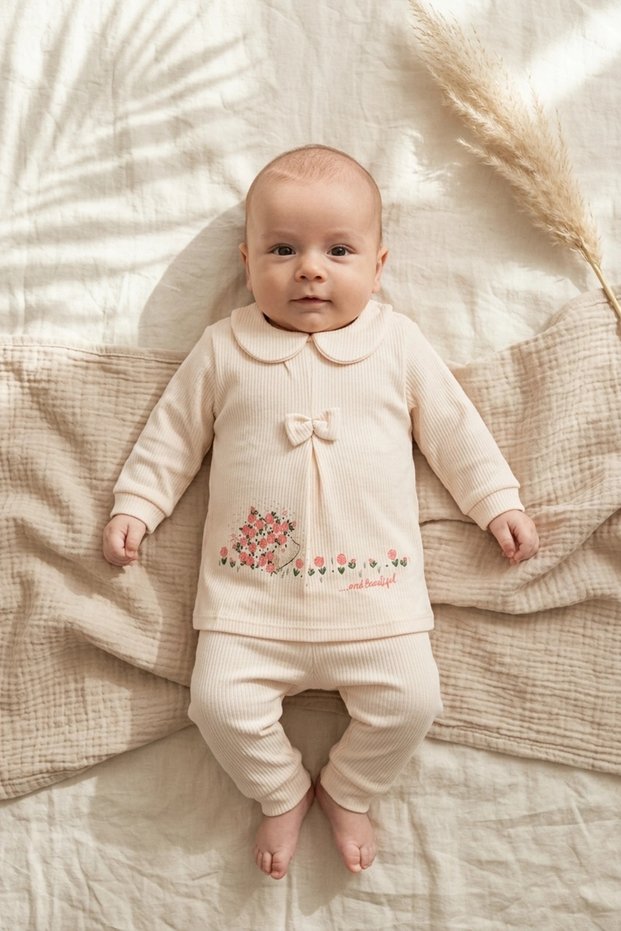 Mila Bebe Collared Ribbed Cotton Cream Baby Girl Set - 2-Piece Top and Bottom Set with Hedgehog and Bow Detail