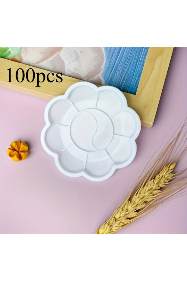 100pcs 100pcs Disposable Flower Shaped Paint Palettes | Plastic Trays for Watercolor, Acrylic & Goua