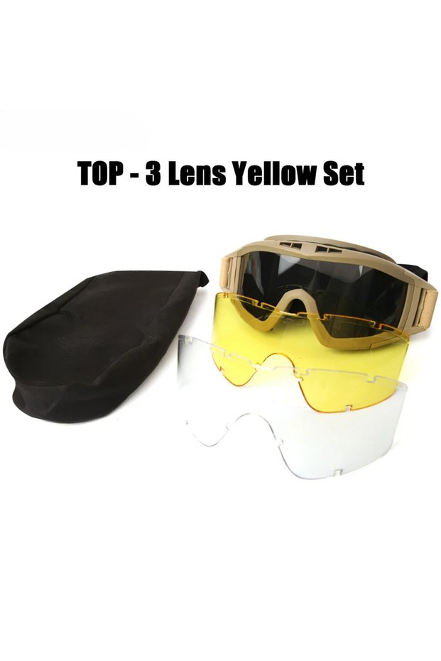 3 Lens Khaki Tactical Goggles Mountaineering Shooting Sunglasses Windproof Sand Control Motocross CS
