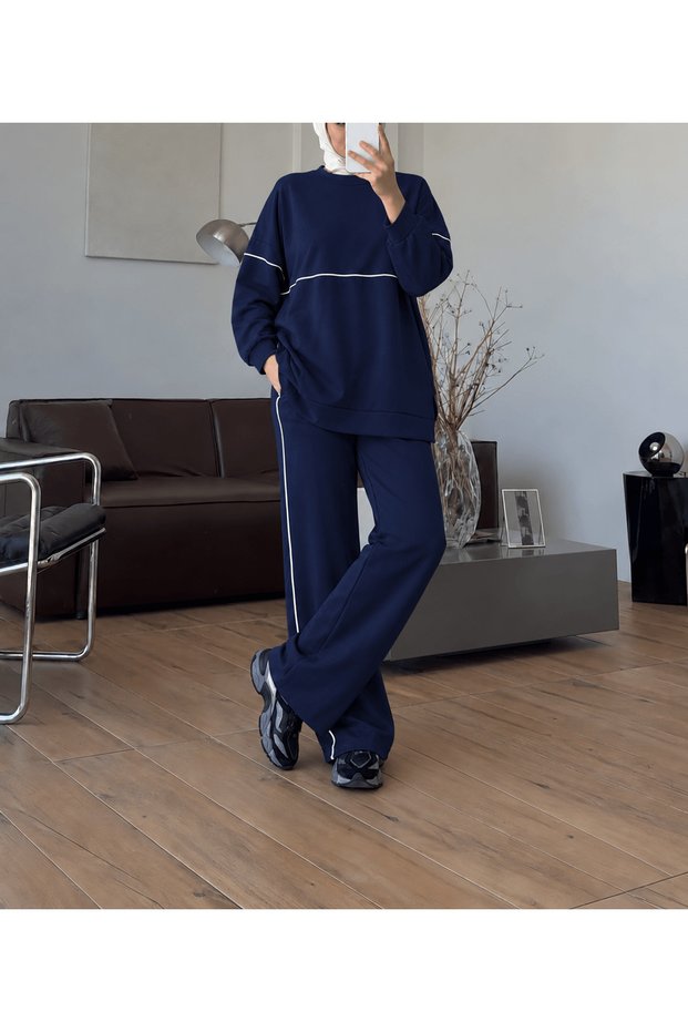 Piping Detailed Trouser Suit - 2476 - Navy Blue