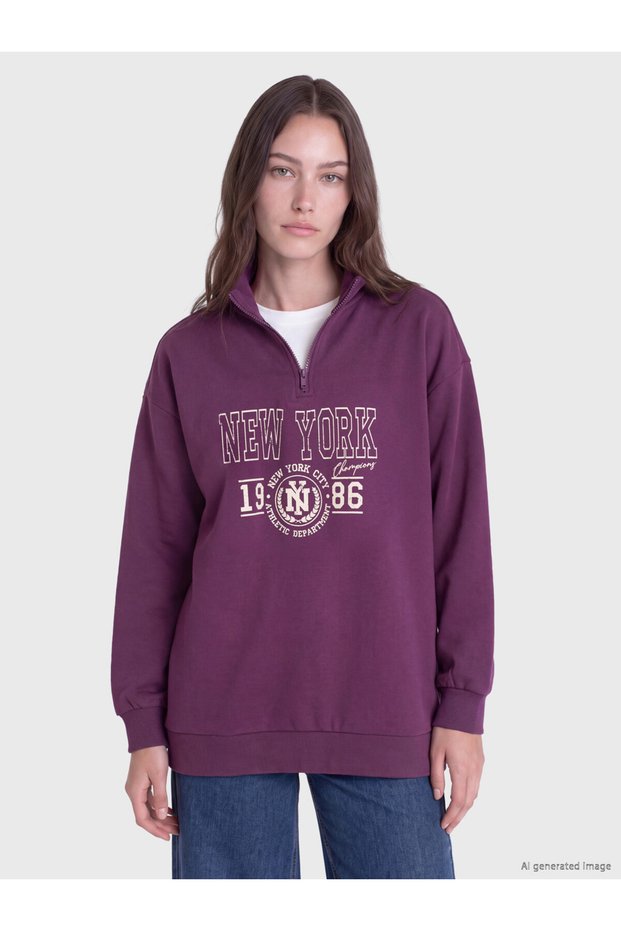 Purple Printed Women's Thick Sweatshirt Tunic