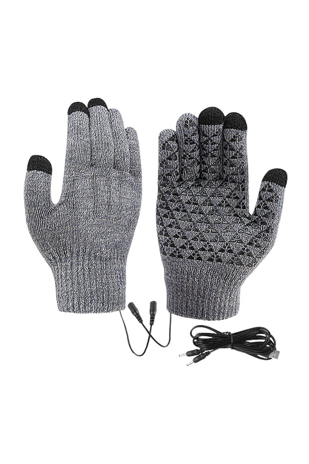 Grey USB Heated Knitted Gloves Full Finger Gloves Non-Slip Touch Screen Gloves Thicken Winter Cyclin