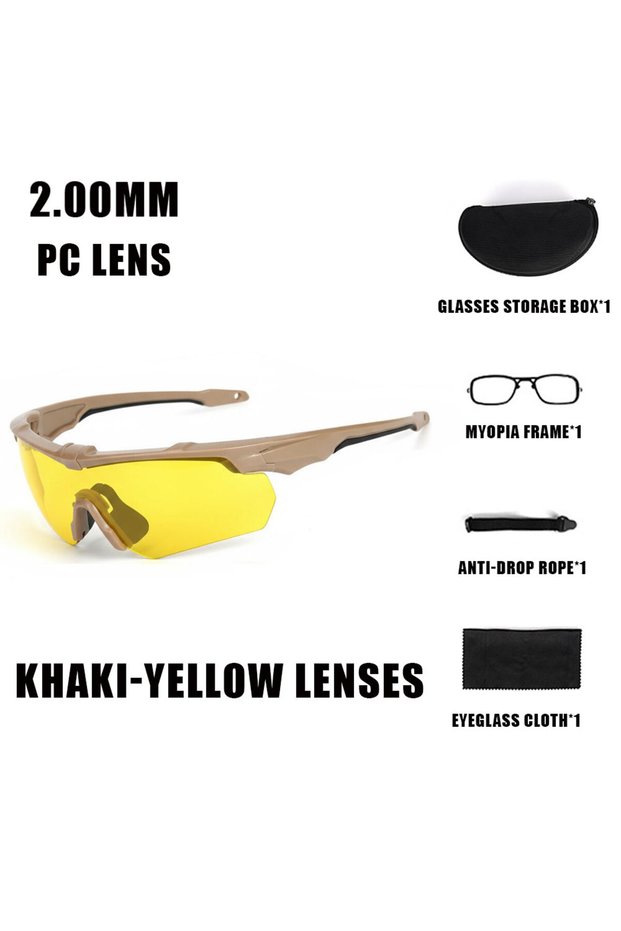 KHAKI-YELLOW LENS New Outdoor Military 2.0MM Tactical Goggles Windproof Dustproof CS Shooting UV400