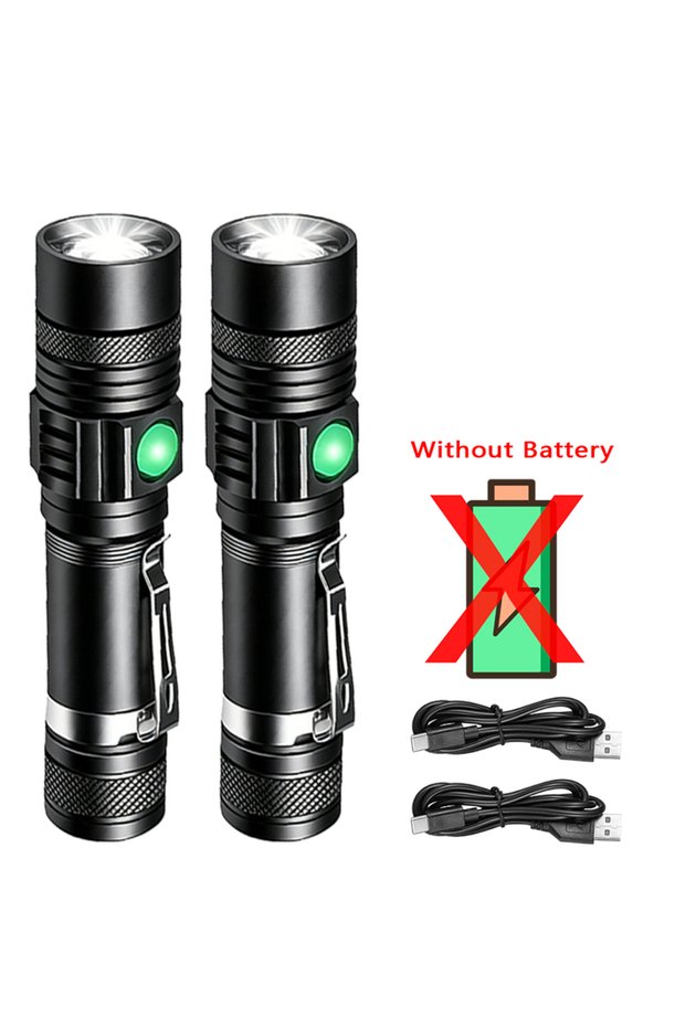 ZOOM 2PCS-No Battery T6 LED Rechargeable Flashlight,18650 Zoomable Torch, Cap Clamp & Headlamp & Pen