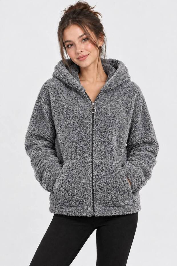 Gray Color Hooded Zippered Soft Plush Cardigan