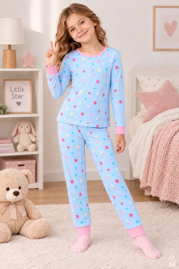Girls' Cotton Printed Knitted Regular Fit Pajama Set (Top and Bottom)