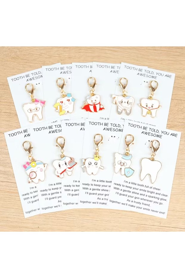 10Pcs 10 Pieces of 2D Cartoon Tooth Keychains, Including Inspirational Greeting Cards, Dental-Themed