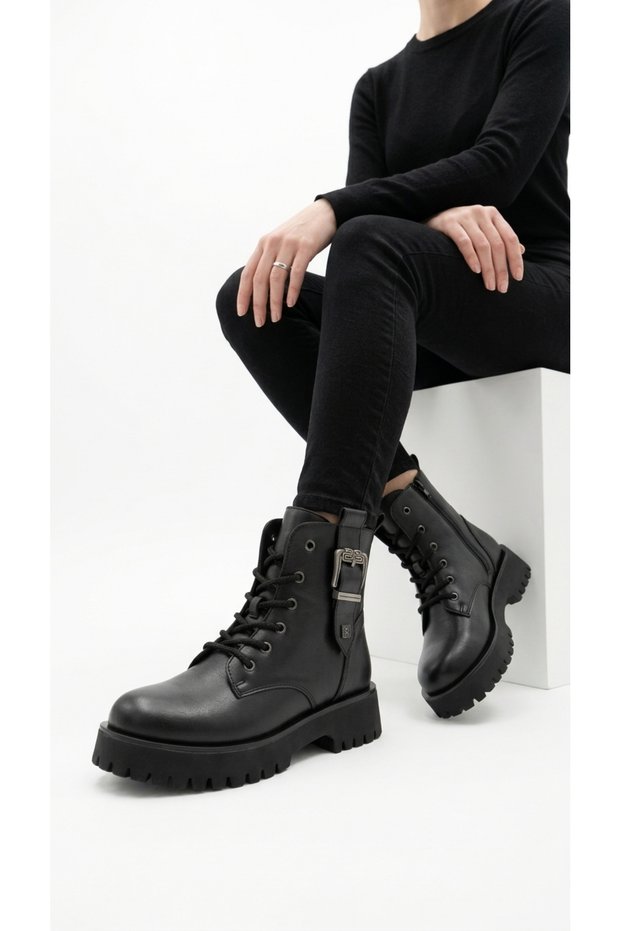 Women's Boots Biker Lace-Up Buckle Thick Serrated Tan Winter Casual Ordan315Mrv
