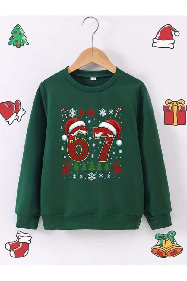 Children's New Year's Printed Green 3-Strand Crew Neck Sweatshirt