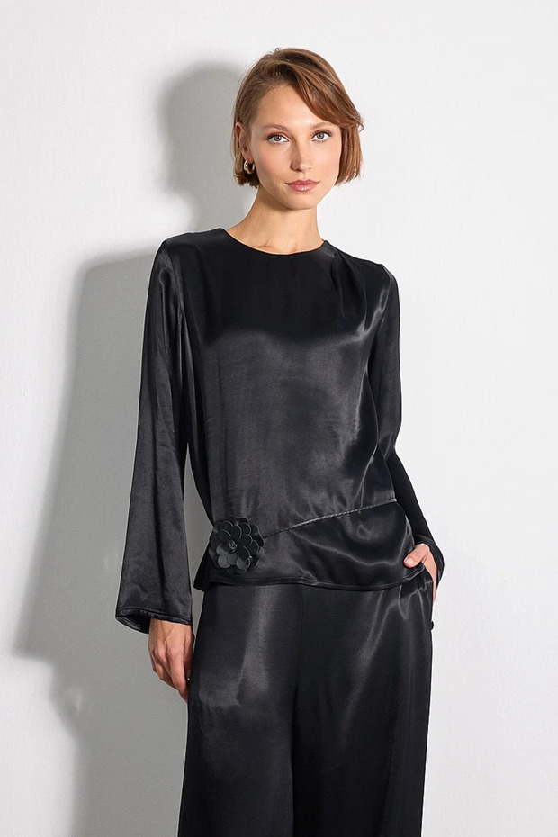 Pile Detailed Long Sleeve Satin Blouse - Black