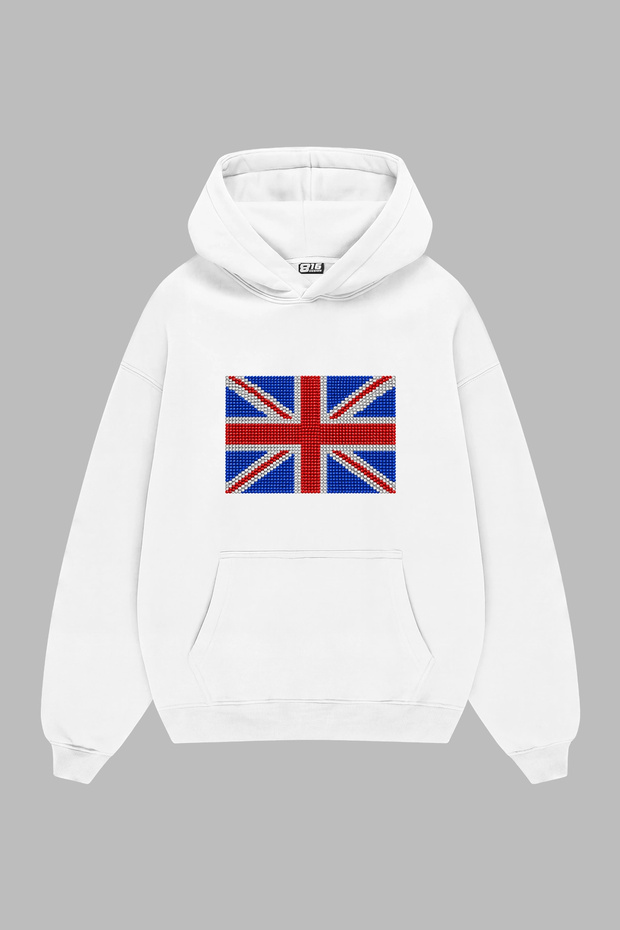 Union Jack Stone Printed Oversize Unisex White Hoodie