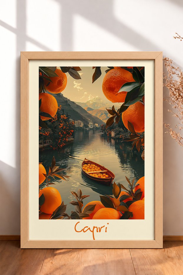 Capri Written Oranges and Kayak Framed Painting Italy Poster Living Room Kitchen Wall Decor Itp064