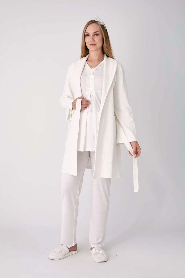 Maternity Pajama Set, 3-Piece Set, with Lace on the Shoulders, Buttoned, Nursing-Friendly, Textured Fabric.