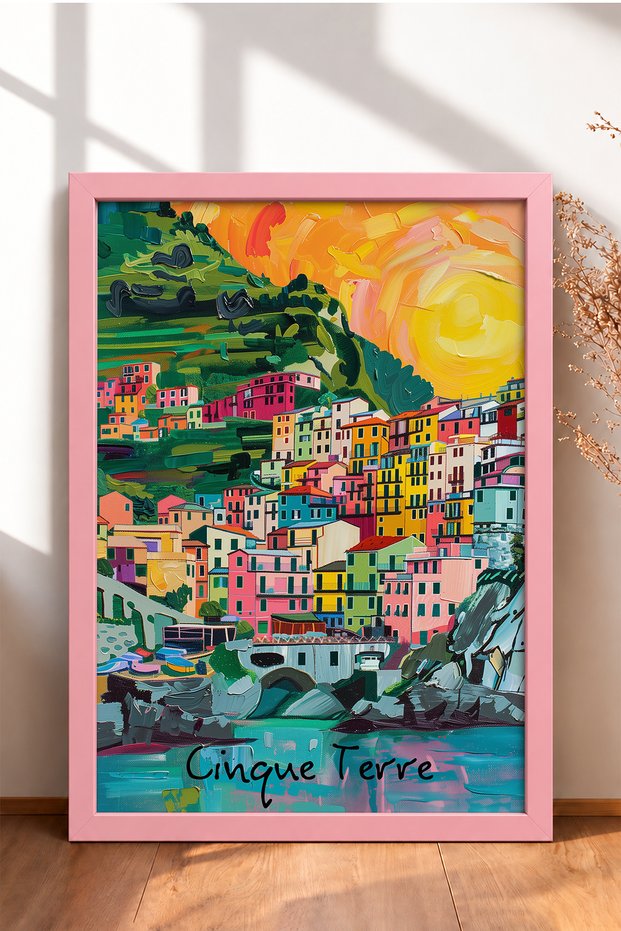 Cinque Terre Sunny Green Hillside Houses Framed Painting Italy Poster Wall Decor Itp077