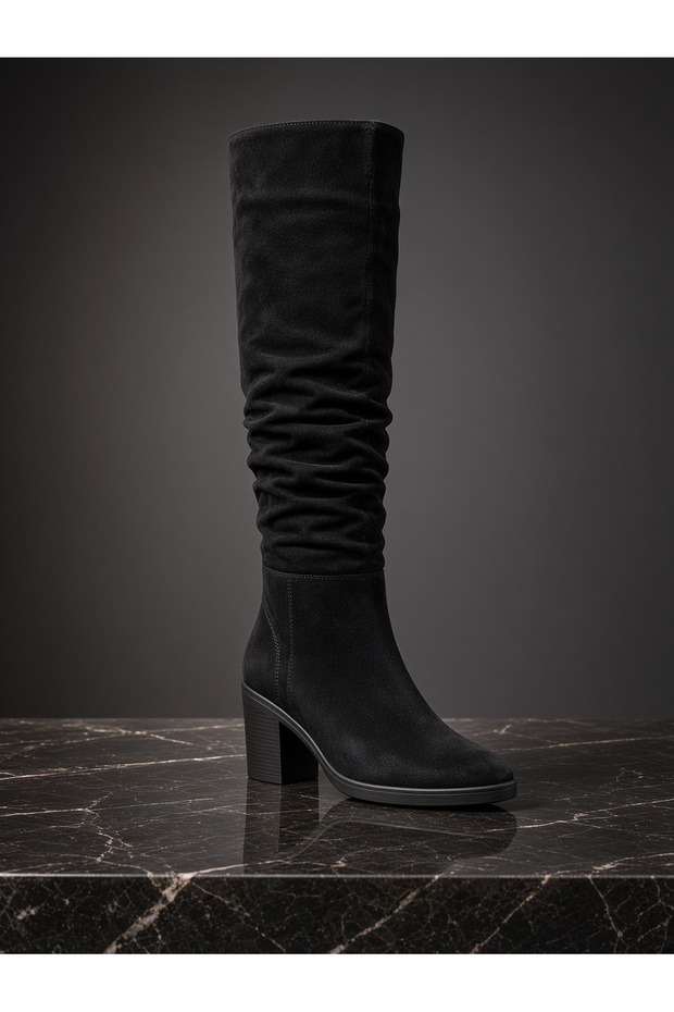 Black Suede Leather Women's Boots – 34 cm Shaft, 8 cm Heel, 1 cm Platform