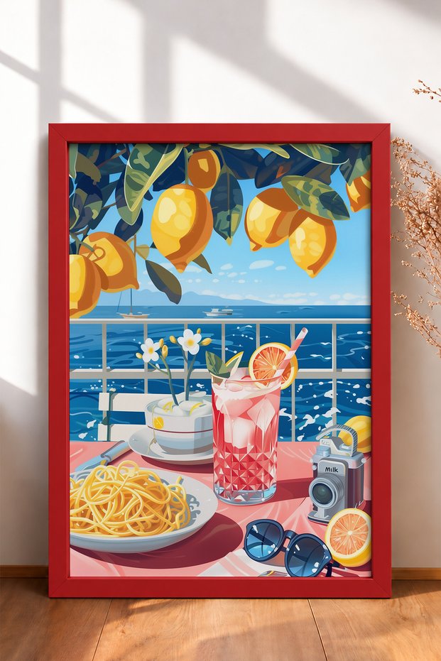 Under the Lemons Spaghetti and Cocktail Framed Painting Italy Poster Living Room Kitchen Wall Decor Itp081