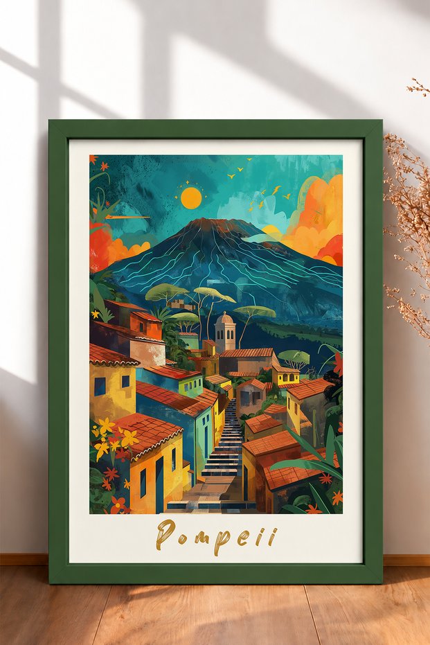 Pompeii Written Volcano and Colorful Houses Framed Painting Italy Poster Wall Decor Itp082