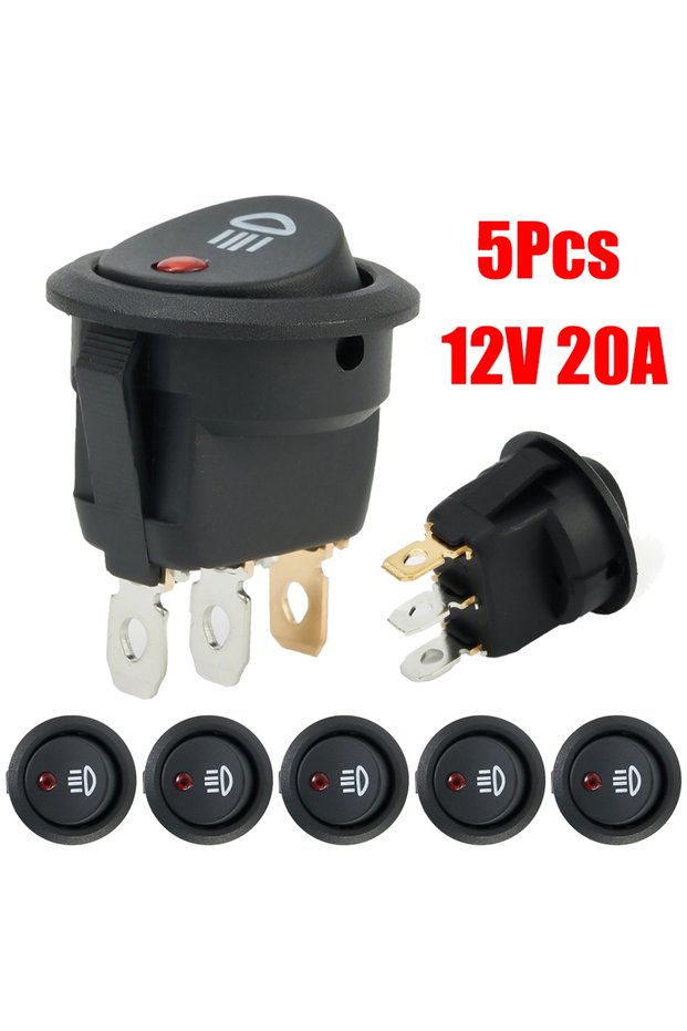 5Pcs Black On-OFF Rocker Switch Set Round DC 12V 20A Red Led Fog Light Lamp Symbol Car Van Truck Boa