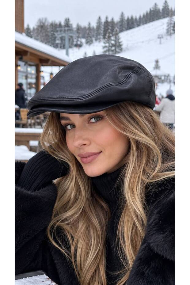 Black Faux Leather Cap Women's Hat