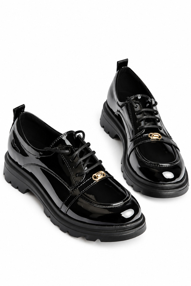 Z881874208 Black Patent Leather Thick-Soled Lace-Up Men's Shoes.