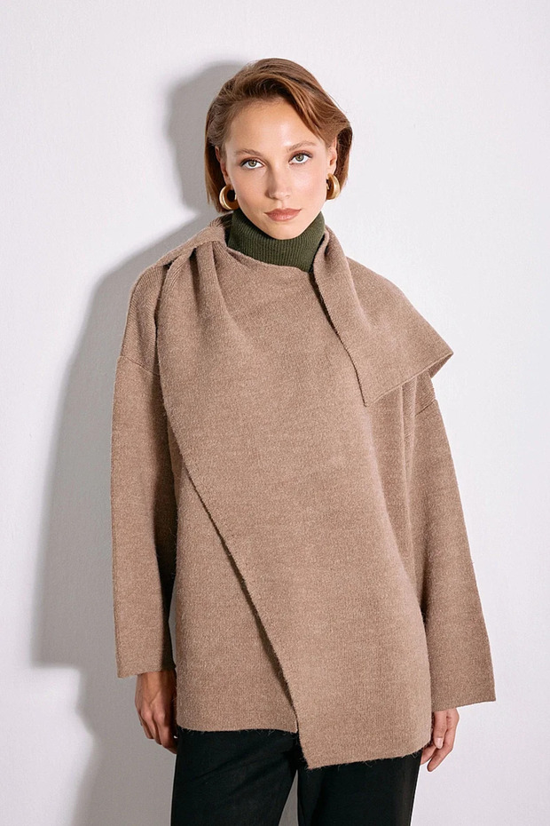 Shawl Detailed Knitwear Jacket - Mink