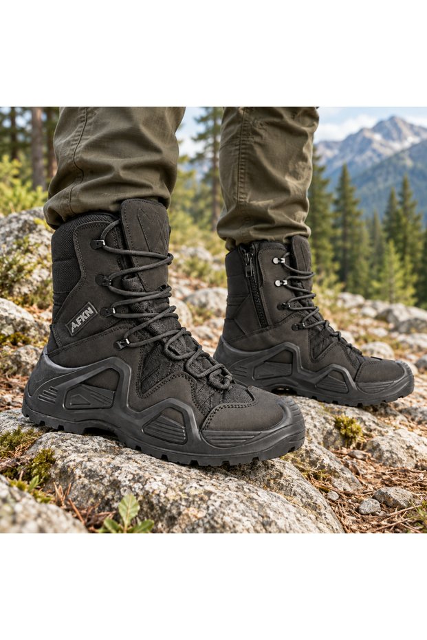 Black Tactical Boots with Zipper and Laces.