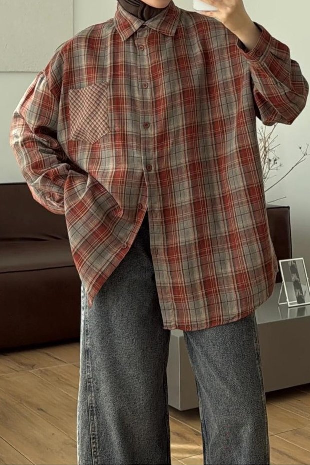 Creamite Plaid Patterned Oversize Shirt Per5163