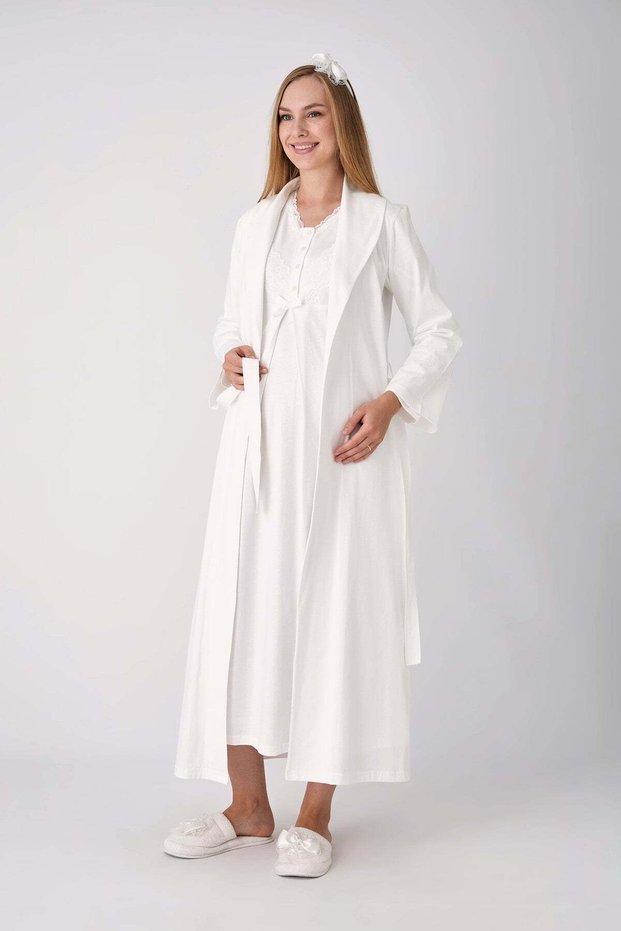 Maternity Nightgown and Dressing Gown Set of 2 Lace V-Neck Buttoned Breastfeeding Combed Cotton