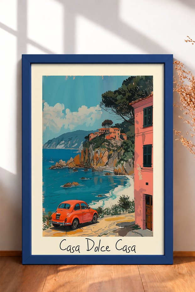 Casa Dolce Casa Pink House and Orange Car Framed Painting Italy Poster Wall Decor Itp079