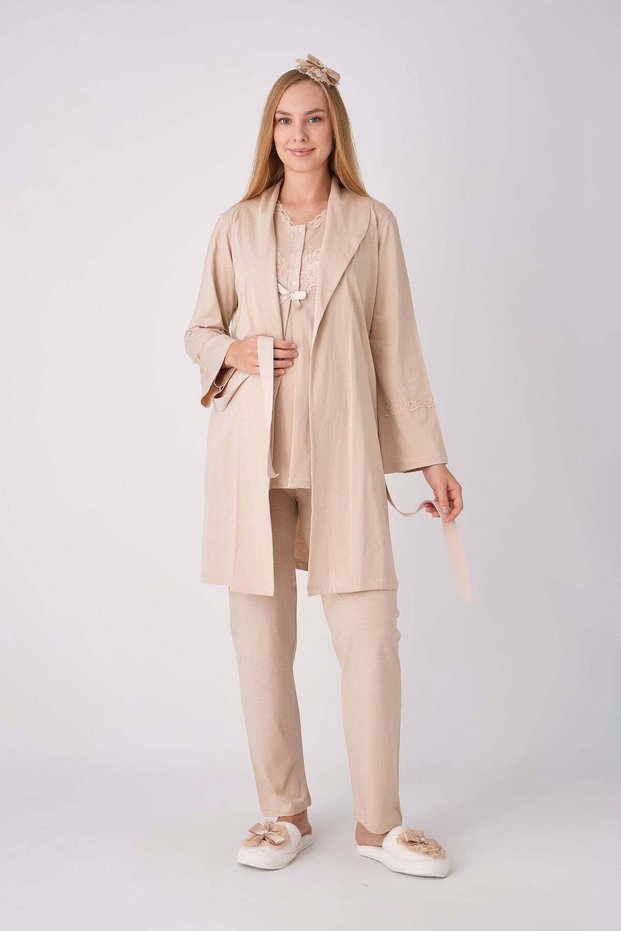 Maternity Pajamas and Dressing Gown Set 3-Piece Set Lace V-Neck Buttoned Breastfeeding Combed Cotton