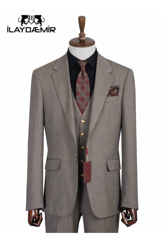 Luxury, Blazer, Vest, Gold Button, Striped Men's Suit, Mink
