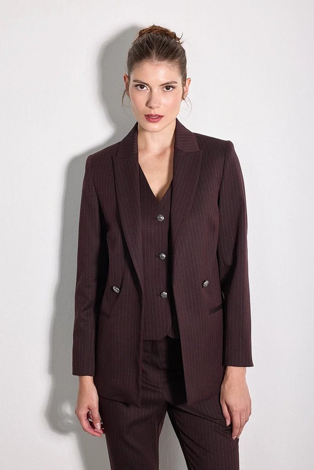 Relaxed Fit Striped Blazer Jacket - Burgundy