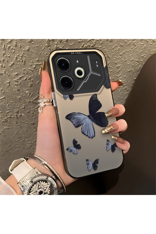 Black and Gray Butterfly-Printed Protective Case Compatible with Tecno Pova 6/Pova 6 Pro 5g, Offering Impact Protection.