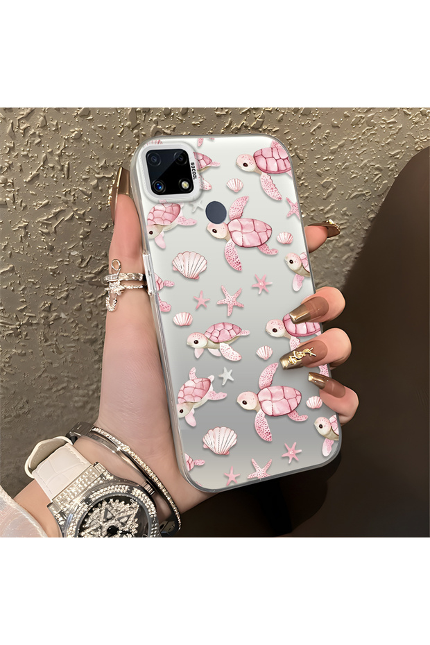 Pink Turtle and Seashell Patterned Silicone Case Compatible with Realme C15/C25/C25S, Featuring a Cute Design.