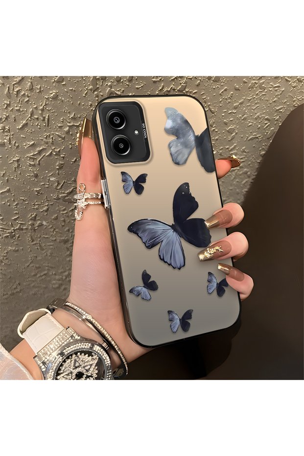Samsung Galaxy A06 4G/5G Compatible Black and Gray Butterfly-Printed Protective Case, Offering Impact Protection.