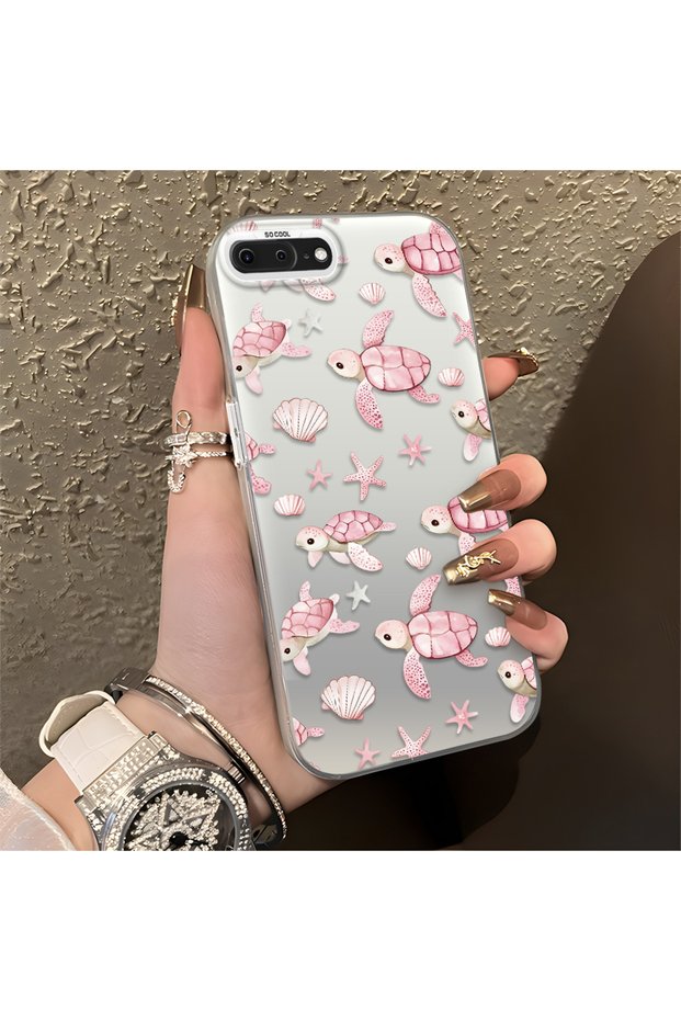 Pink Turtle and Seashell Patterned Silicone Case, Compatible with iPhone 7 Plus/8 Plus, with a Cute Design.