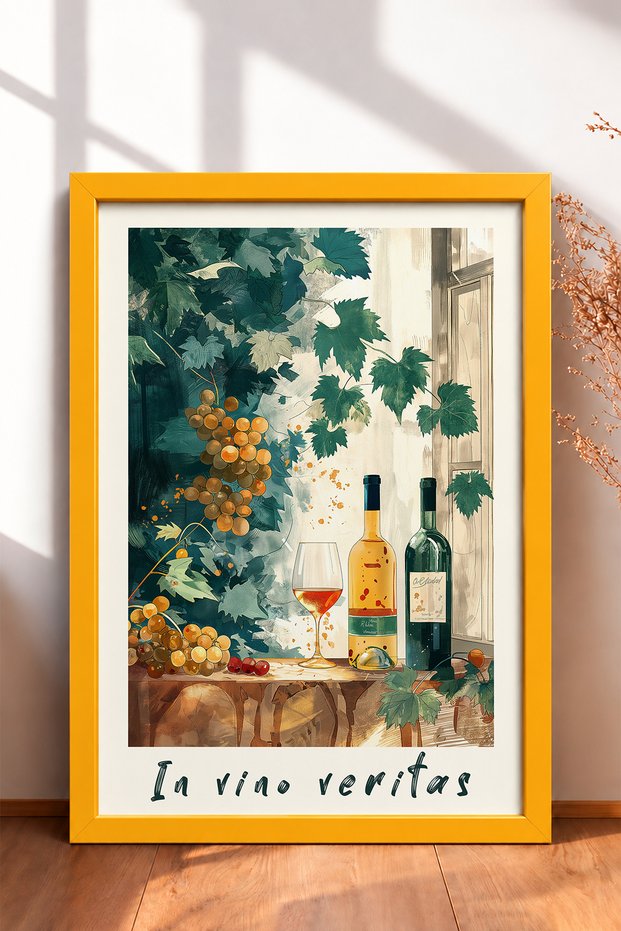 In Vino Veritas Yellow Grape Vine Framed Painting, Italy Poster, Living Room, Kitchen, Wall Decor, Itp100.
