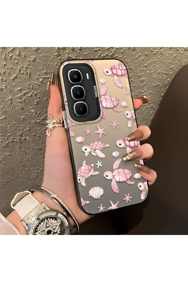 Pink Turtle and Seashell Patterned Silicone Case Compatible with Infinix Hot 60I, Featuring a Cute Design.