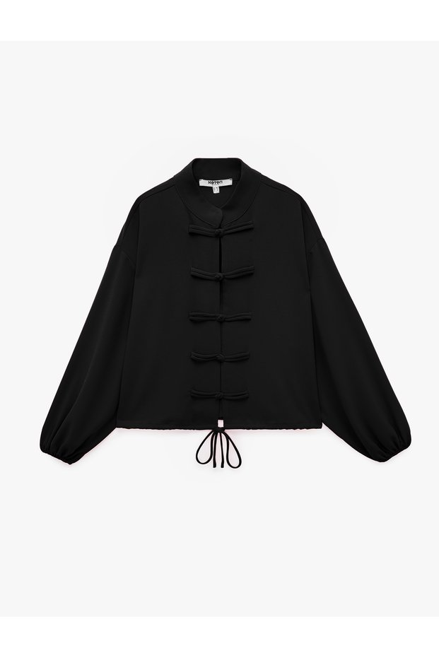Mandarin Collar, Button-Down Crepe Jacket with Adjustable Tie Detail, Long Sleeves.