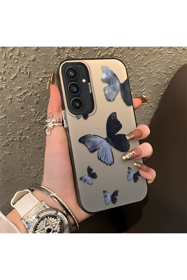 Black and Gray Butterfly-Printed Protective Case Compatible with the Samsung Galaxy S23 Fe, Offering Impact Protection.