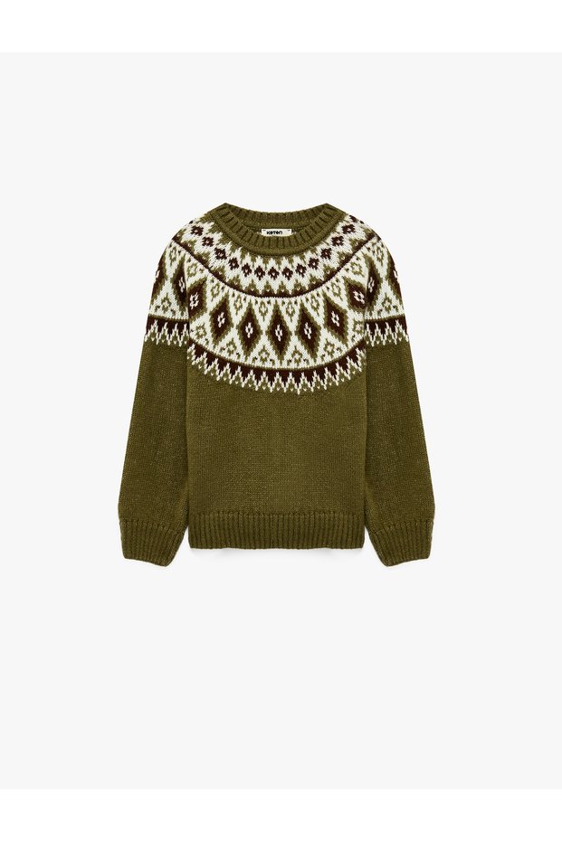 Relaxed Fit Balloon Sleeve Crew Neck Patterned Knit Sweater