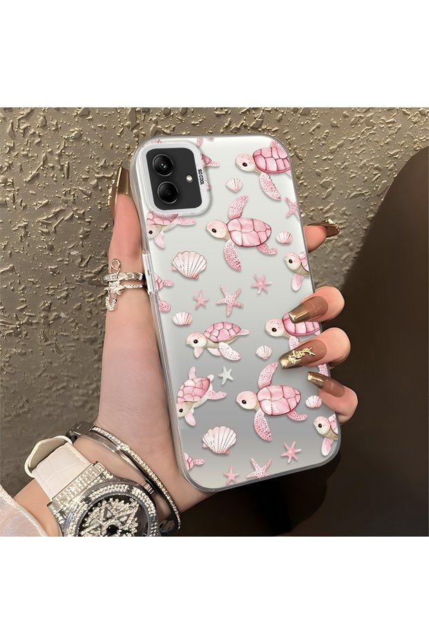 Pink Turtle and Seashell Patterned Silicone Case Compatible with Samsung Galaxy A03/A04E/A04, Featuring a Cute Design.