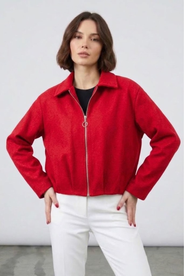 Women's Zipper Closure Lined Cashmere Bomber Jacket - Red