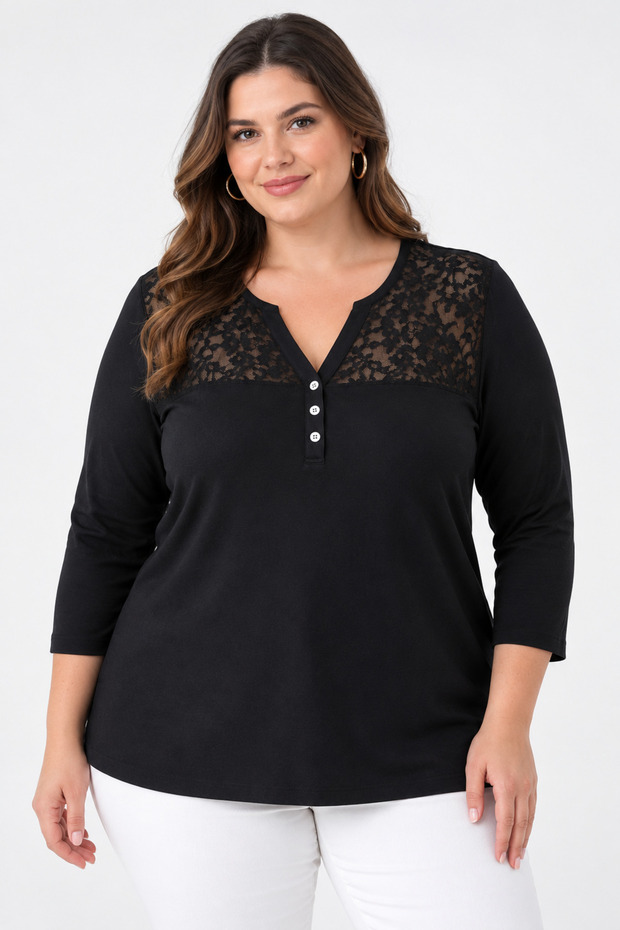 Women's Black Front and Back Lace Detailed Buttoned Long Sleeve Blouse