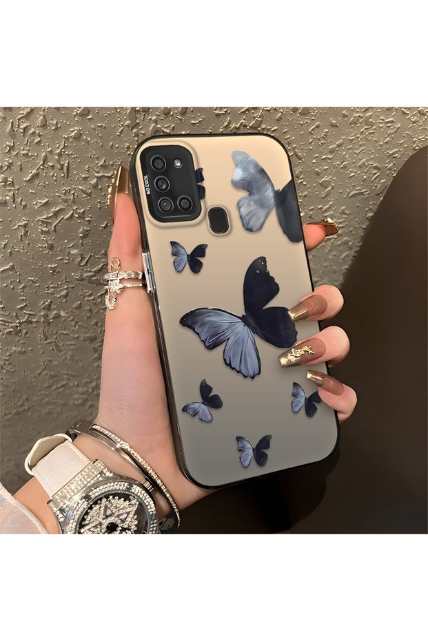 Black and Gray Butterfly-Printed Protective Case Compatible with Samsung Galaxy A21S, Offering Impact Protection.