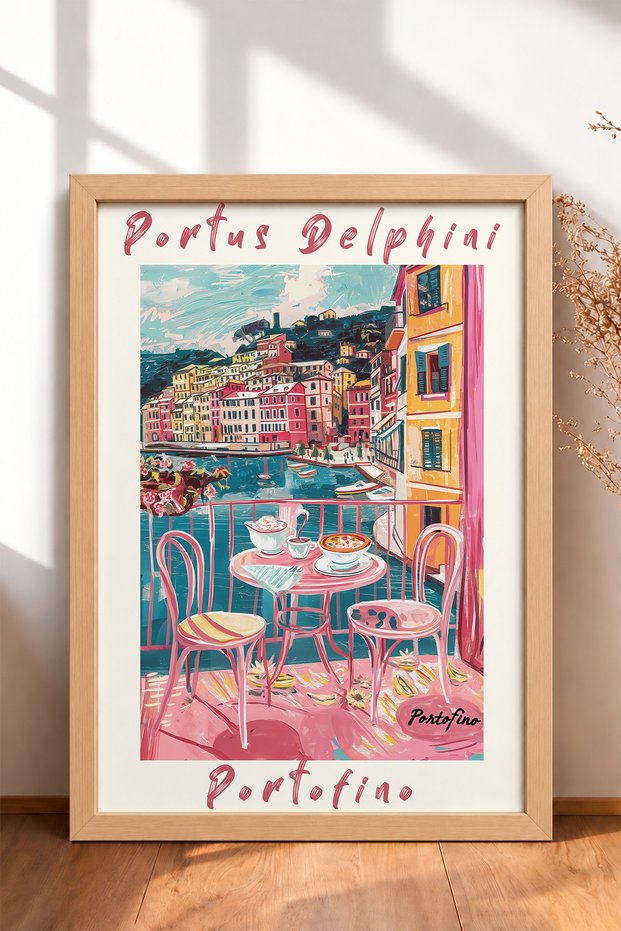 Portus Delphini Portofino Balcony Framed Painting, Italy Poster, Living Room, Kitchen, Wall Decor, Itp118.