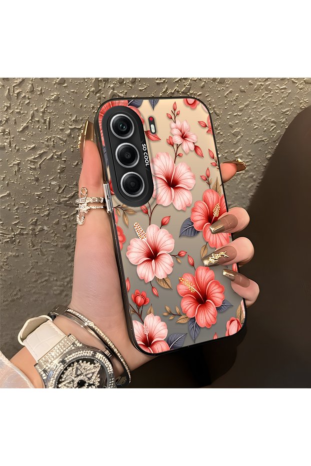 Pink Protective Case with a Large Floral Print, Compatible with Tecno Camon 40, Provides Impact Protection.